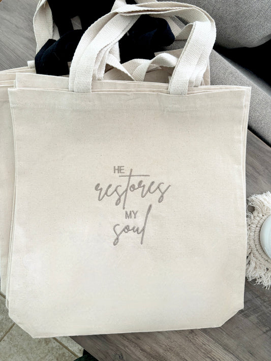 He Restores My Soul Embroidered Tote