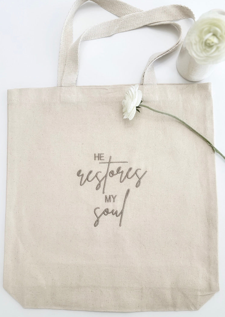 He Restores My Soul Embroidered Tote